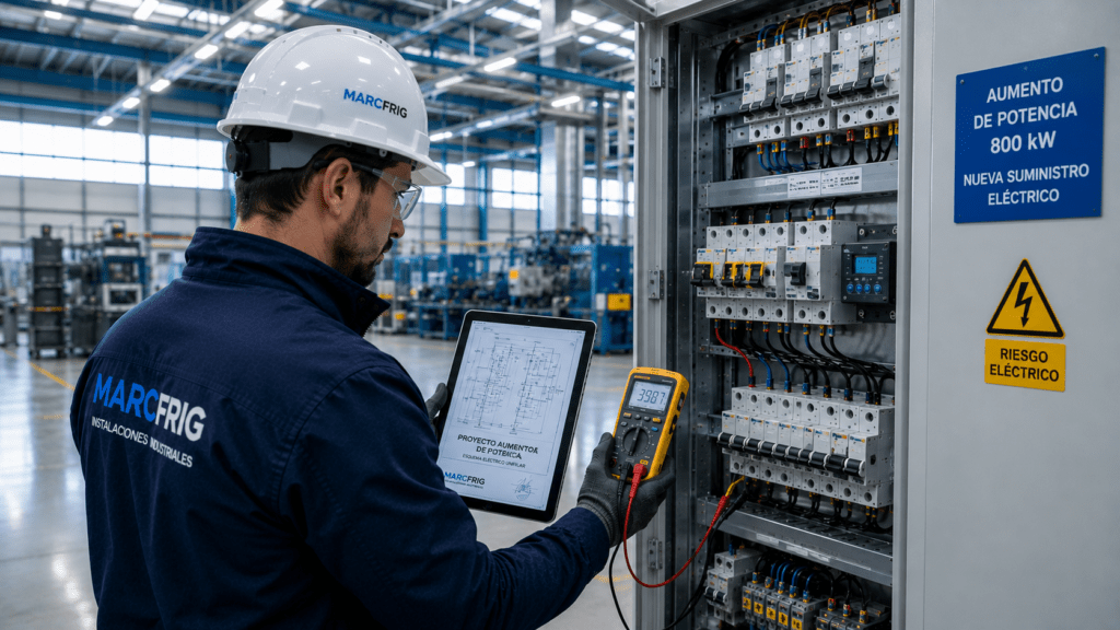 Instalador autorizado revisando un cuadro eléctrico para realizar un aumento de potencia eléctrica en una empresa