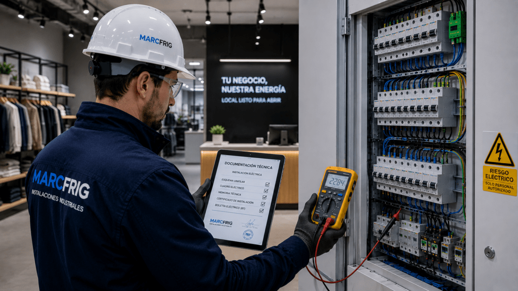 Instalador autorizado inspeccionando el cuadro eléctrico de un local comercial para emitir un boletín eléctrico