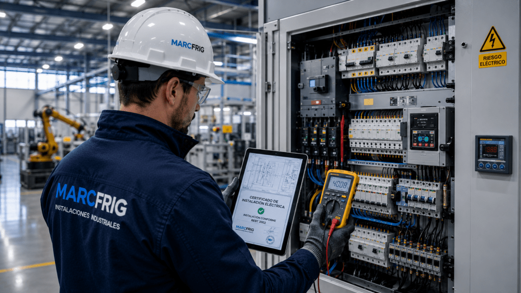 Instalador autorizado inspeccionando el cuadro eléctrico de una nave industrial para emitir un boletín eléctrico