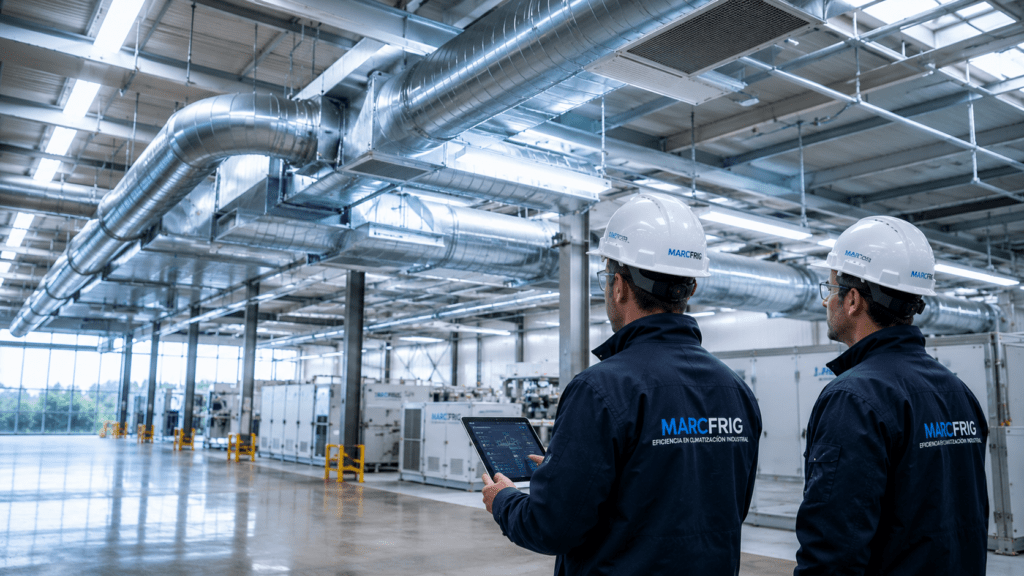 Sistema de climatización industrial HVAC instalado en una nave industrial moderna con alta eficiencia energética