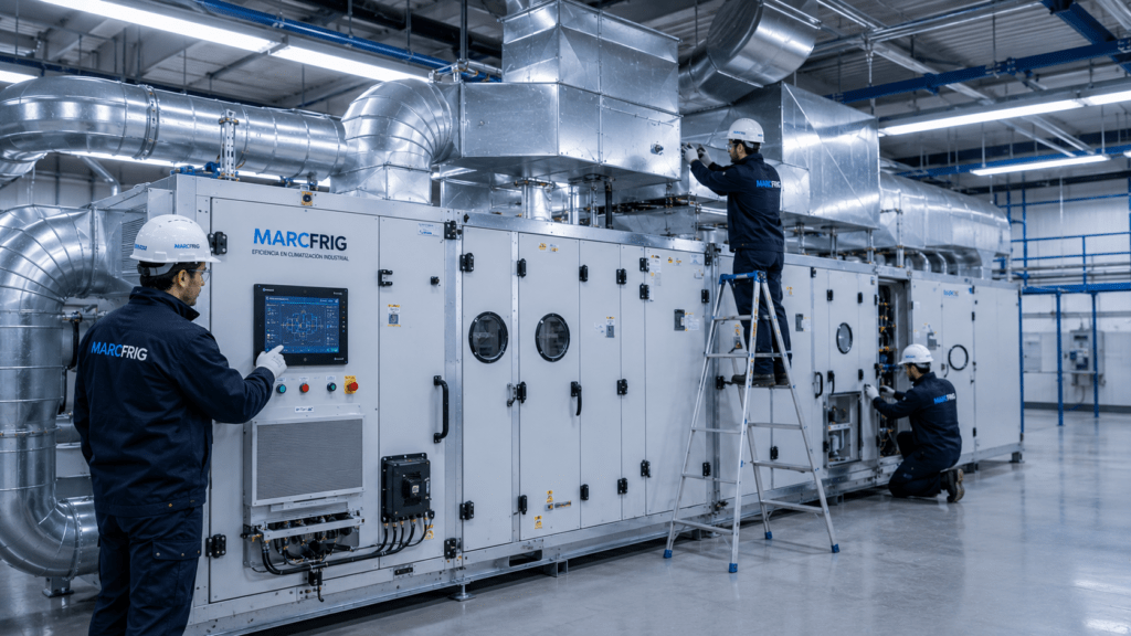 Empresa de climatización industrial instalando un sistema HVAC de alta eficiencia para una nave industrial