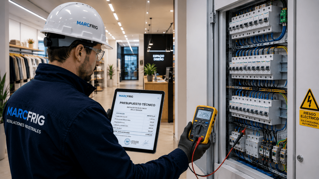 Instalador autorizado revisando un cuadro eléctrico para elaborar el presupuesto de un boletín eléctrico