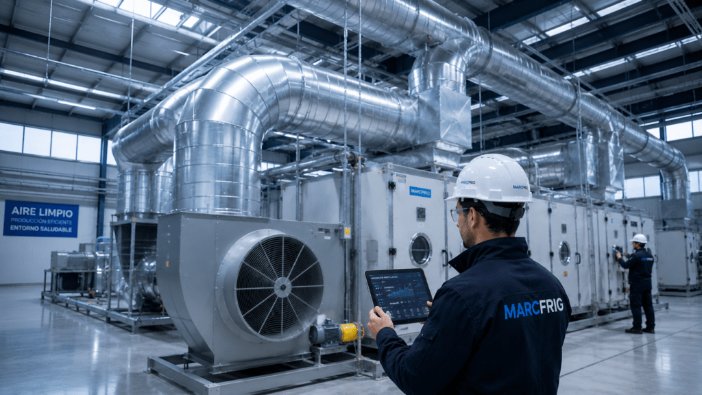 Sistema de ventilación industrial con conductos y unidades de tratamiento de aire en una nave industrial moderna