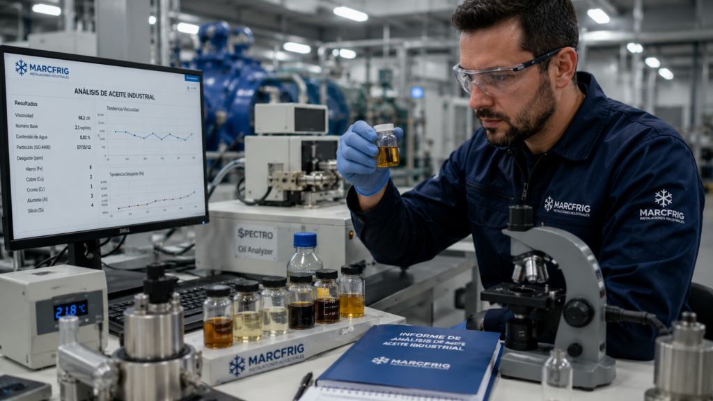 Ingeniero analizando una muestra de aceite industrial para detectar desgaste en maquinaria de producción
