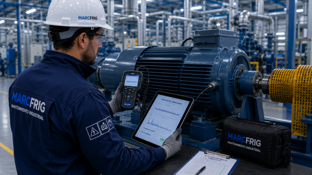 Técnico realizando un análisis de vibraciones en maquinaria industrial con un analizador portátil en una nave de producción