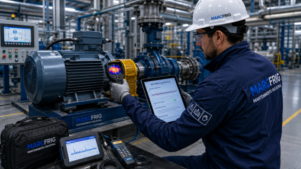 Técnico diagnosticando una avería en maquinaria industrial con equipos de medición en una nave de producción