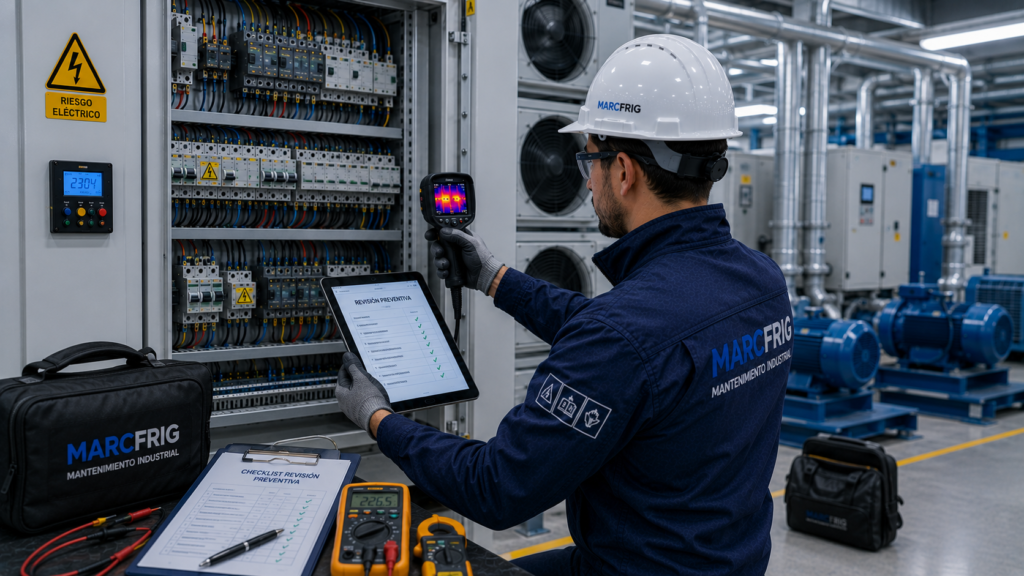 Técnico realizando una revisión preventiva de una instalación industrial en una nave con equipos de medición profesionales