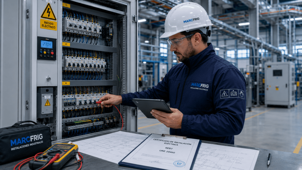 Ingeniero certificando una instalación eléctrica industrial tras una inspección técnica en una nave empresarial