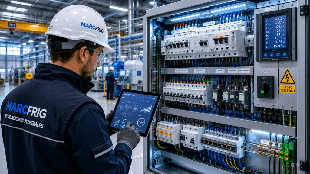 Cuadro eléctrico industrial moderno instalado en una nave industrial con protecciones eléctricas y distribución de baja tensión