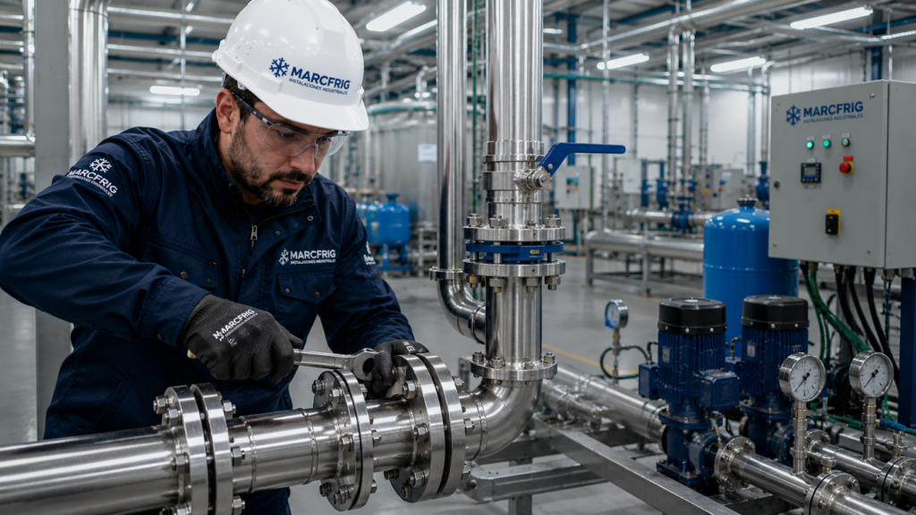 Técnico especializado realizando la instalación de tuberías de fontanería industrial en una nave industrial moderna