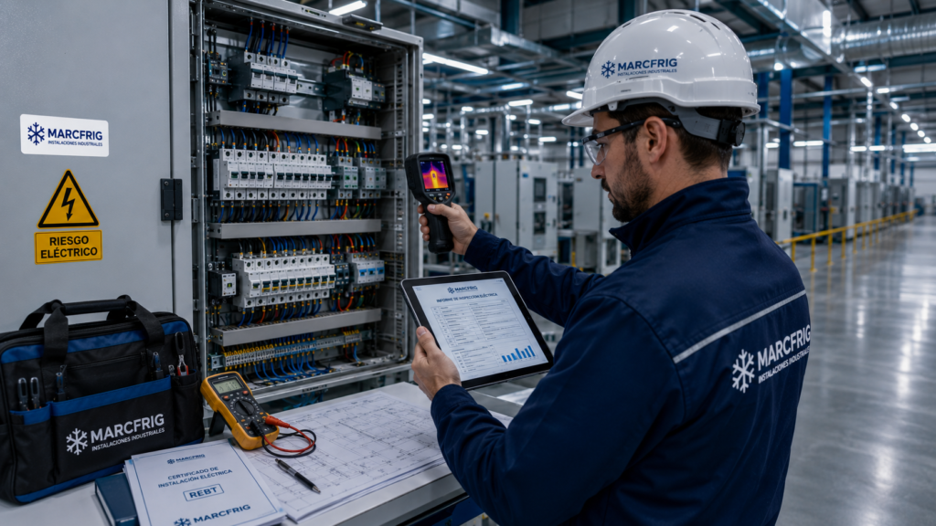 Técnico realizando una inspección de instalaciones eléctricas en una nave industrial con equipos de medición profesionales