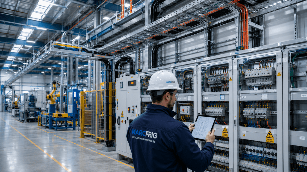 Instalación eléctrica industrial moderna con cuadros eléctricos, canalizaciones y sistemas de distribución en una nave empresarial