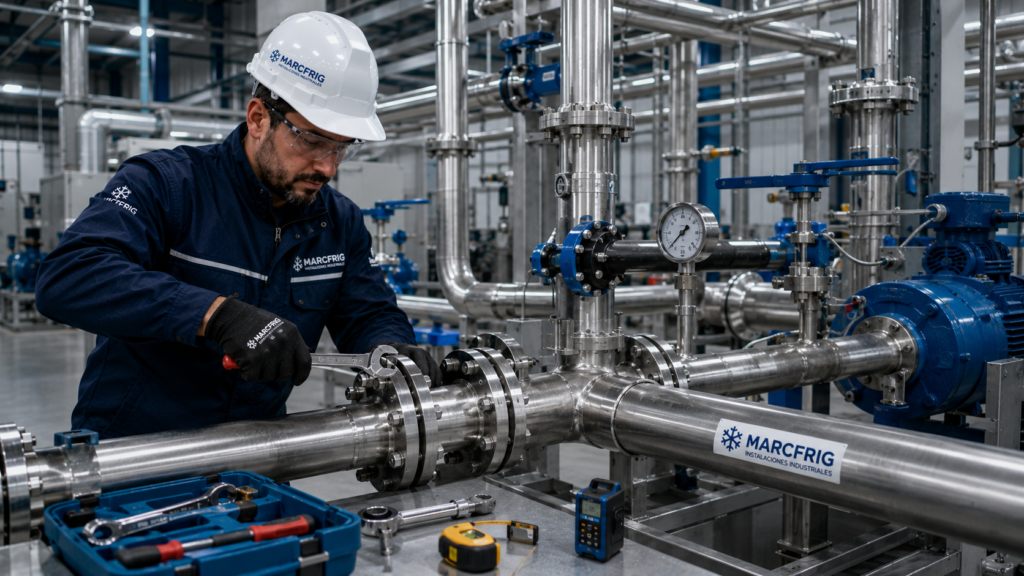 Técnico instalando una red de tuberías industriales en una nave industrial moderna