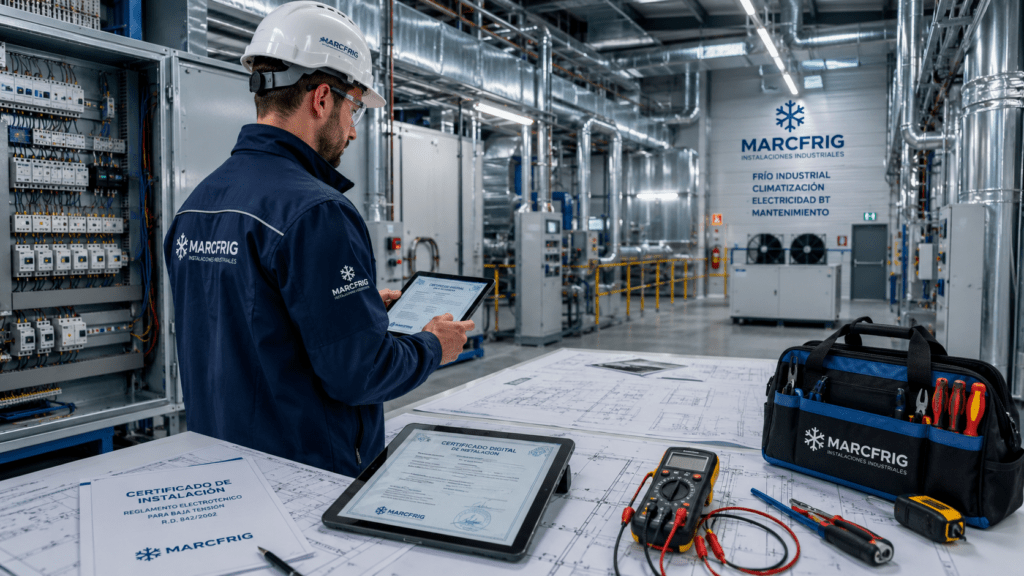 Instalador autorizado realizando la certificación de una instalación industrial en una empresa