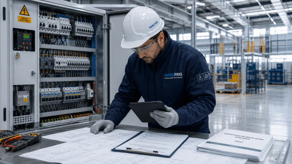 Ingeniero revisando una instalación eléctrica industrial para realizar su legalización y certificación