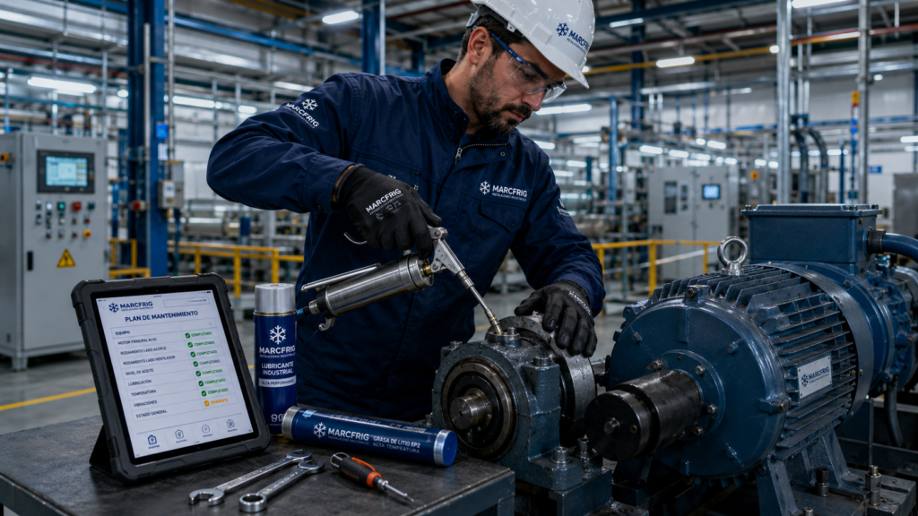Técnico aplicando lubricación industrial a maquinaria de producción durante un mantenimiento preventivo en una nave industrial