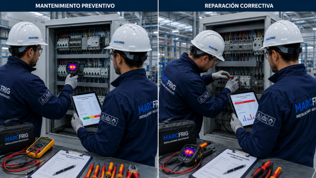 Técnico de mantenimiento industrial revisando un cuadro eléctrico durante una intervención preventiva en una nave industrial