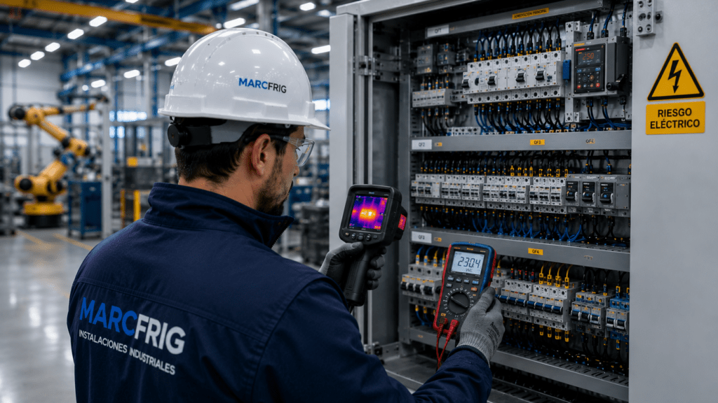 Técnico realizando el mantenimiento de un cuadro eléctrico industrial en una nave para prevenir averías y mejorar la seguridad