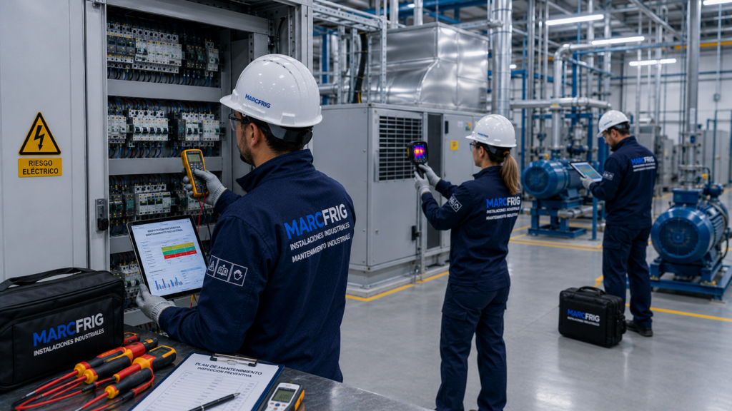 Equipo técnico de mantenimiento industrial externalizado realizando una inspección preventiva en una nave industrial moderna