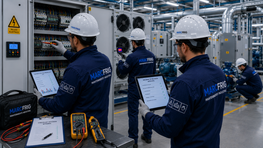 Técnicos realizando el mantenimiento de instalaciones industriales en una nave moderna con equipos de medición y herramientas profesionales