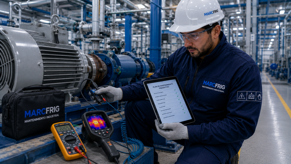 Técnico realizando el mantenimiento preventivo de maquinaria industrial en una nave de producción con equipos de medición profesionales