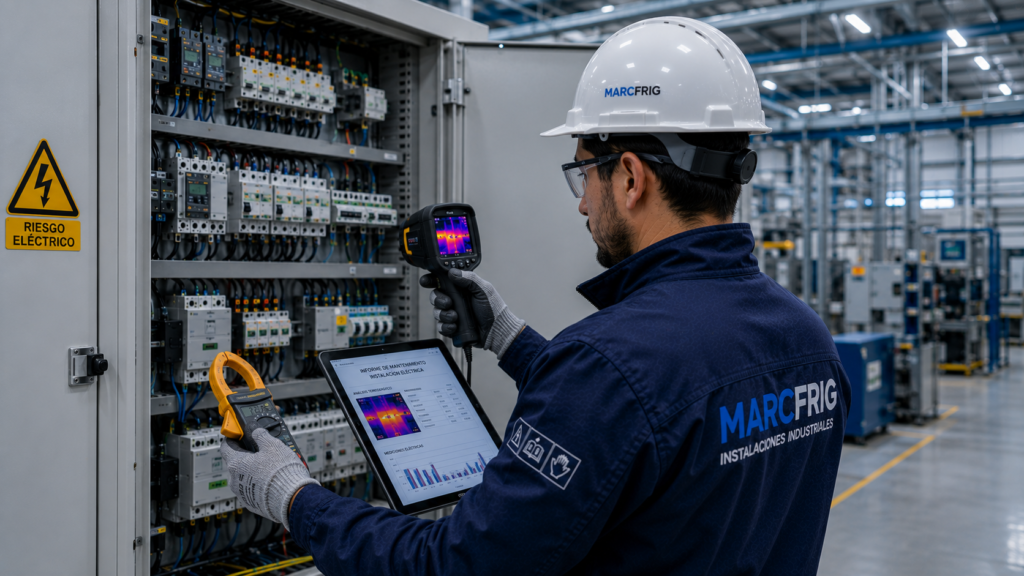 Técnico realizando mantenimiento preventivo de instalaciones eléctricas en una nave industrial con equipos de medición profesionales