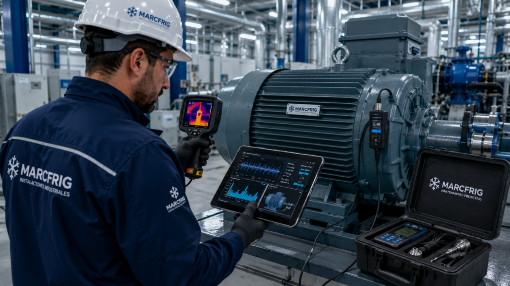Técnico especializado inspeccionando un motor eléctrico industrial con cámara termográfica y analizador de vibraciones en una nave industrial