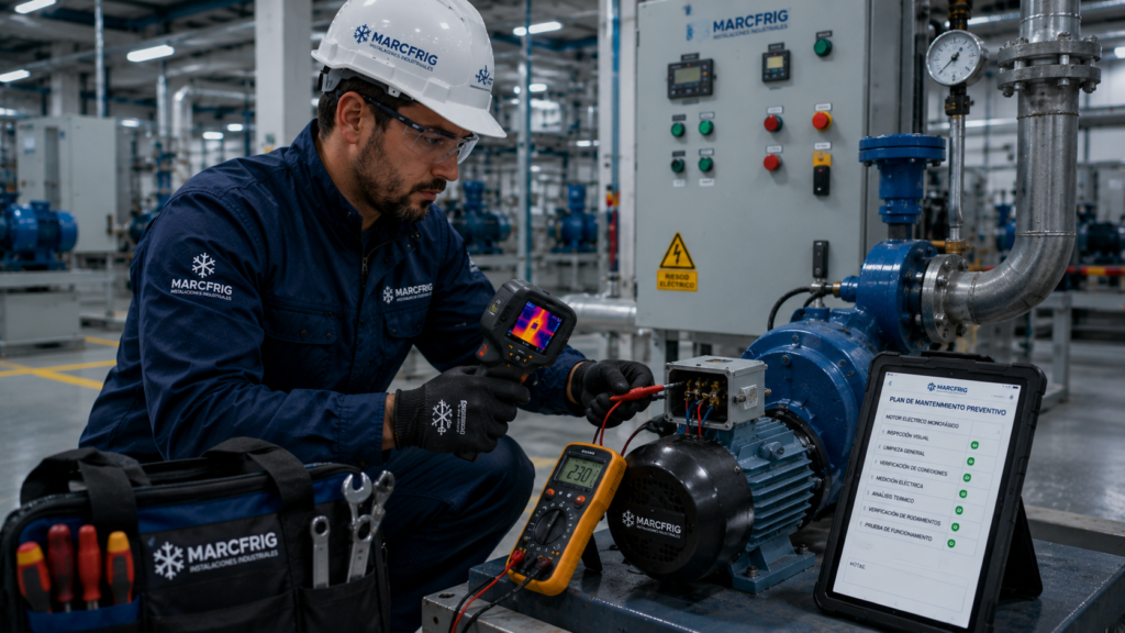Técnico especializado realizando el mantenimiento preventivo de un motor eléctrico monofásico en una instalación industrial