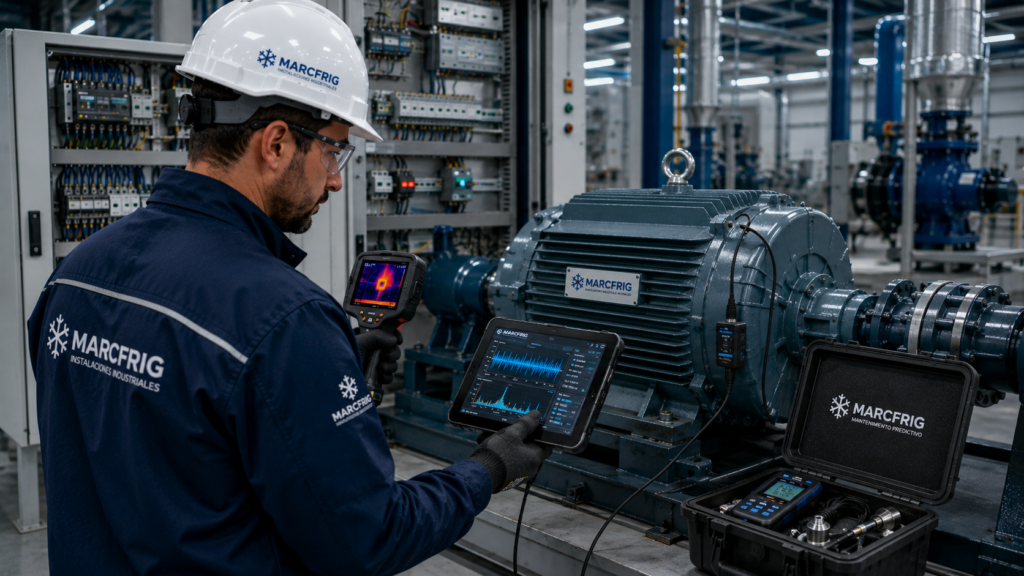 Ingeniero realizando el mantenimiento de un motor eléctrico trifásico industrial mediante análisis de vibraciones y cámara termográfica