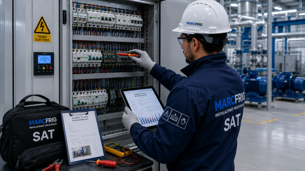 Técnico del servicio SAT industrial realizando mantenimiento y diagnóstico en una instalación eléctrica de una nave industrial