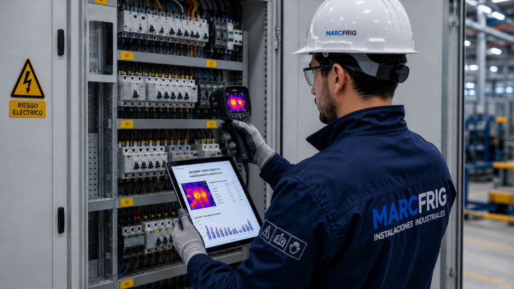 Técnico realizando una inspección de termografía eléctrica industrial con cámara termográfica en un cuadro eléctrico de una nave industrial