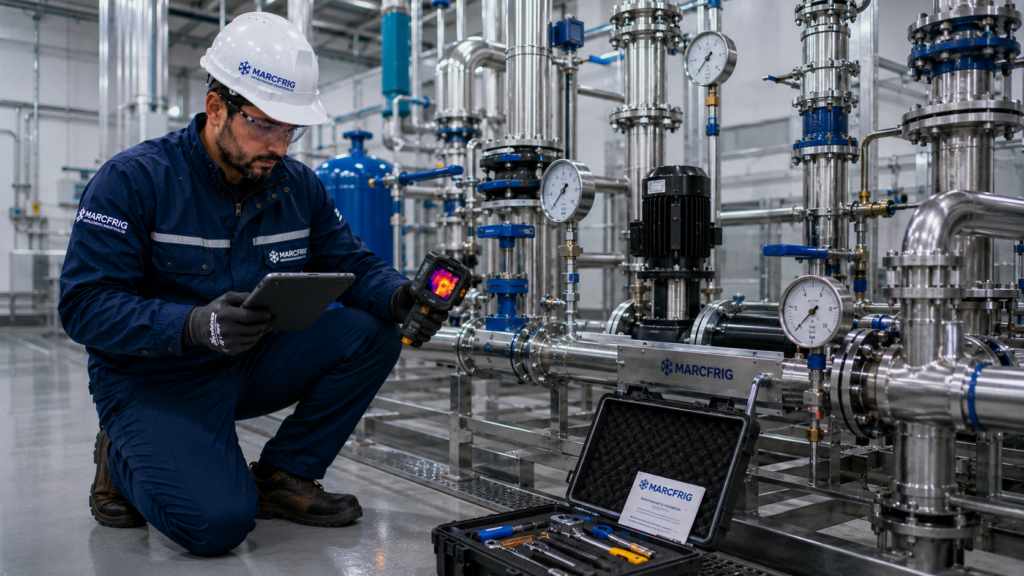 Técnico diagnosticando una avería en una instalación de fontanería industrial.