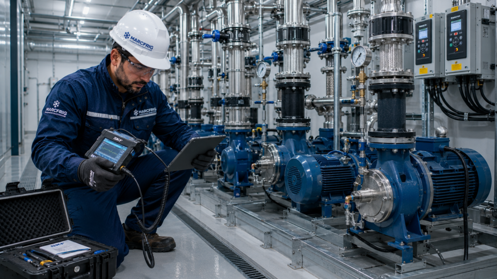 Técnico realizando mantenimiento de bombas de agua industriales en una instalación hidráulica.