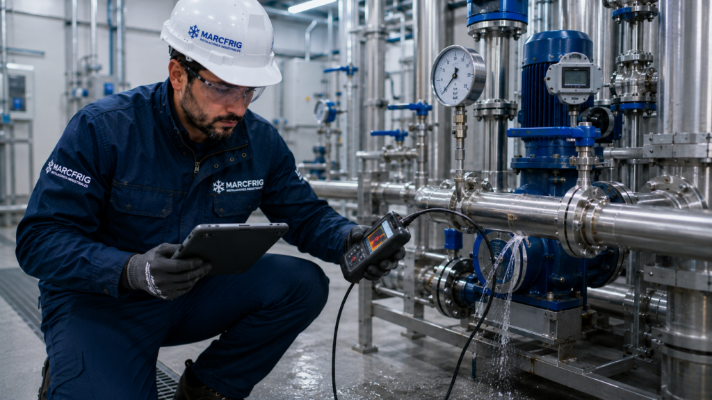 Técnico detectando una fuga de agua en una red de tuberías industriales.
