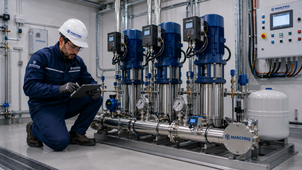 Técnico realizando mantenimiento en un grupo de presión de agua industrial con varias bombas.