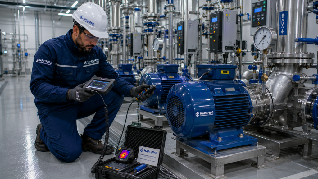 Técnico realizando mantenimiento preventivo de bombas de agua industriales.