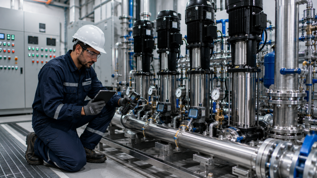 Técnico realizando mantenimiento de un grupo de presión industrial con bombas y variadores de frecuencia.