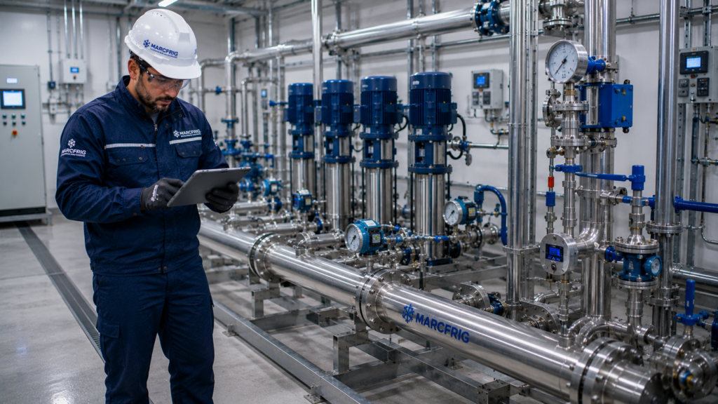 Técnico inspeccionando una red de agua industrial con tuberías, válvulas y bombas.