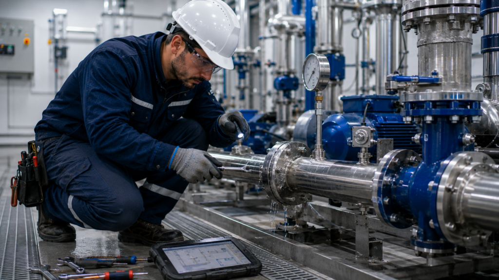 Técnico realizando reparación de tuberías industriales en una instalación hidráulica.