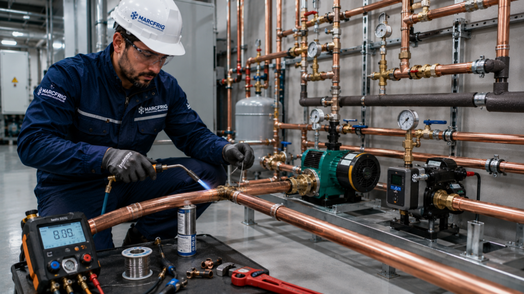 Técnico instalando tuberías de cobre en una instalación industrial.