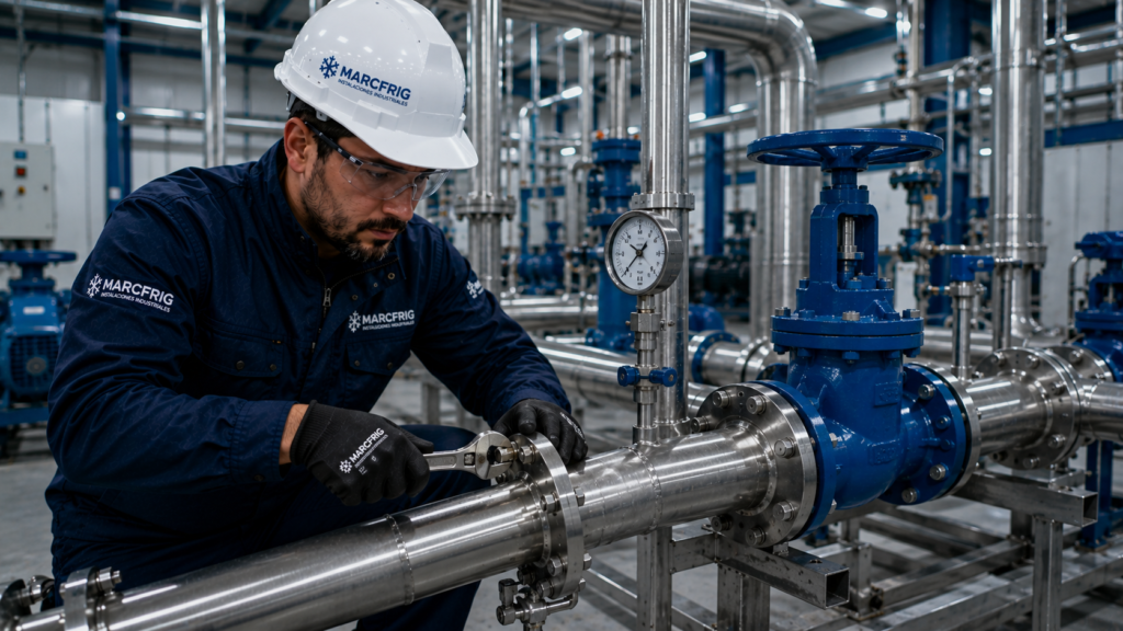 Técnico instalando tuberías industriales de acero inoxidable en una nave industrial.
