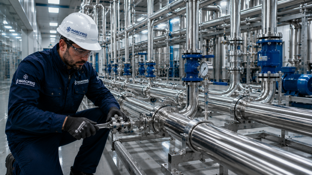 Técnico realizando una instalación de tuberías PPR en una red de fontanería industrial.
