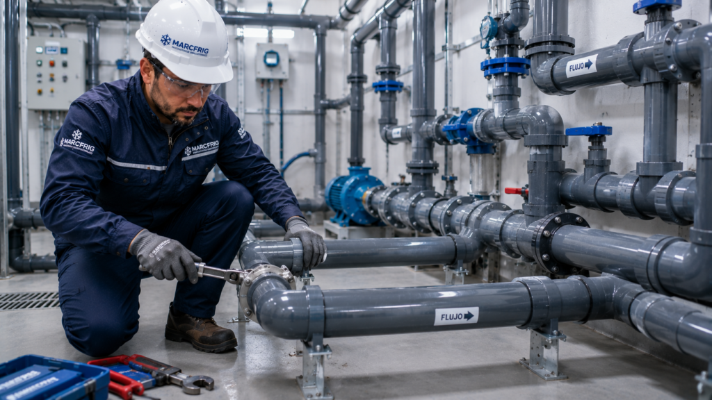 Técnico instalando tuberías de PVC industrial en una red de saneamiento y fontanería industrial.