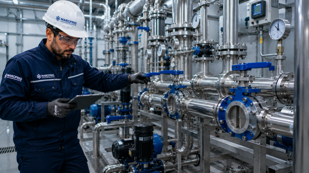 Válvulas industriales instaladas en una red de tuberías de una instalación industrial.